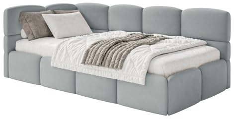Selsey Jugendbett 120x200cm Grau gepolstert mit Stauraum und Lattenrost, Polsterbett Jugendbett linksseitig mit Bettkasten, Kinderbett mit Eckkopfteil, Bett für Jugendzimmer