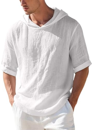 Camisa de algodón y lino para hombre, camiseta de manga corta, cuello con capucha, ropa informal, color liso, ajuste holgado, estilo playa, color blanco