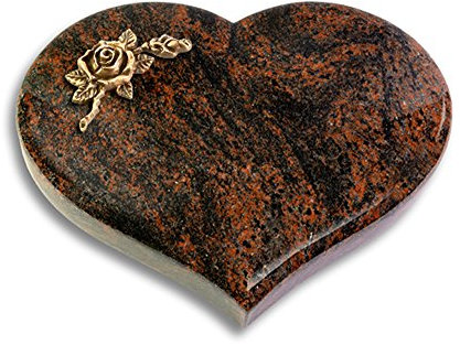 Grabplatte, Grabstein, Grabherz, Urnengrabstein Modell Coeur 40 x 30 x 7 cm Aruba-Granit, poliert inkl. Gravur (Bronze-Ornament Rose 1)
