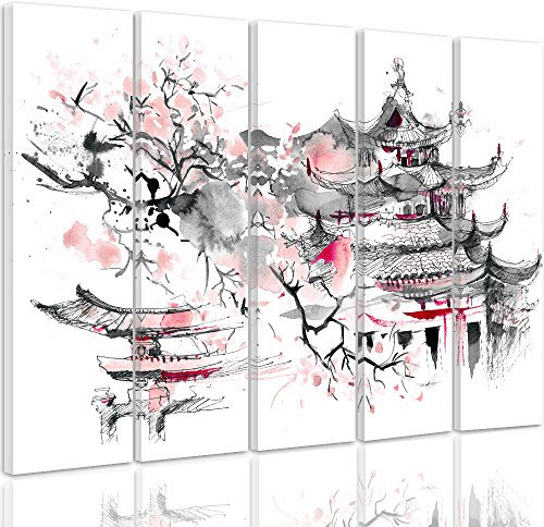 Feeby. Leinwandbild - 5 Teile - Bilder, Wand Bild, Wandbilder, Kunstdruck XXL, 5-Teilig, Typ C, 150x100 cm, JAPAN, ARCHITEKTUR, GRAU