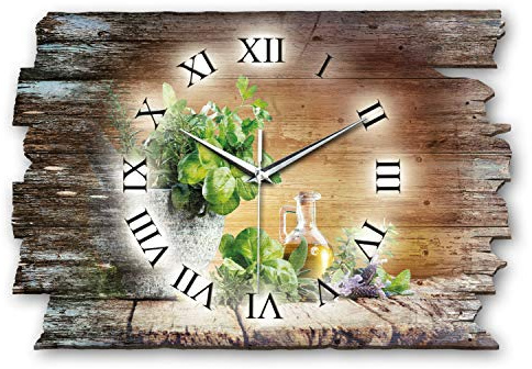 Kreative Feder Designer Wanduhr „Kräuter“ aus Holz 40x27cm im Shabby Style Design - Designeruhr mit flüsterleisem Uhrwerk ohne Ticken (Kräuter, leises Quarzuhrwerk)
