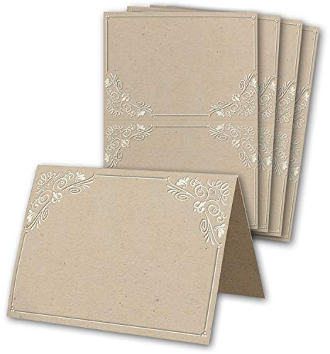 Glüxx Agent 100 Tischkarten Hochzeit - Kraftpapier-Optik mit Ornamenten - Platzkarten DIN A7 7,4 x 10,5 cm blanko bedruckbar zum Beschriften – Namenskarten, Tischreservierung für Taufe