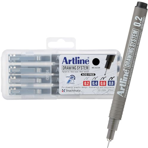 Artline Drawing System Stifte, 0,1, 0,3, 0,5, 0,7 mm Strichbreite, Schwarz, 4 Stück (EK-230-4PW1) Übliche Größe