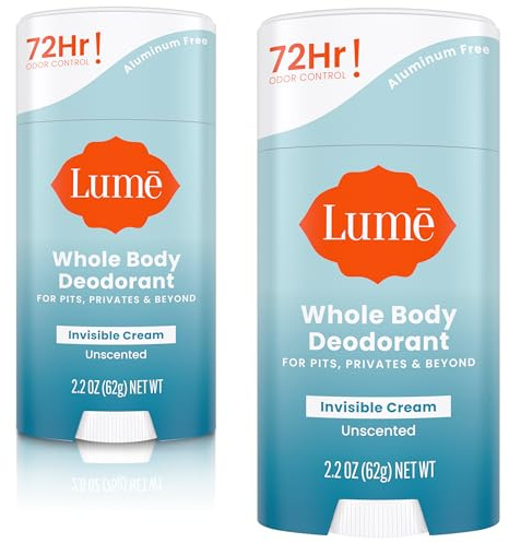 Lume Whole Body Deodorant - Invisible Cream Stick - 72 Hour Odor Control - Aluminum Free, Baking Soda Free, Skin Safe - 2.2 Ounce (Pack of 2) (Unscented)