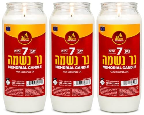 Ner Mitzvah 7 Day Yartzeit Candle - 3 Pack Kosher Yahrtzeit Memorial and Yom Kippur Candle in Plastic Holder