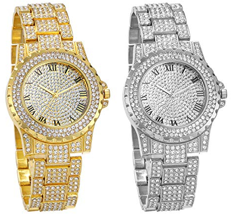 JewelryWe 2pcs Armbanduhr Herren Damen mit Strass Römanischen Zifferblatt Metallarmband, Quarz Analog Uhr Muttertag Gold