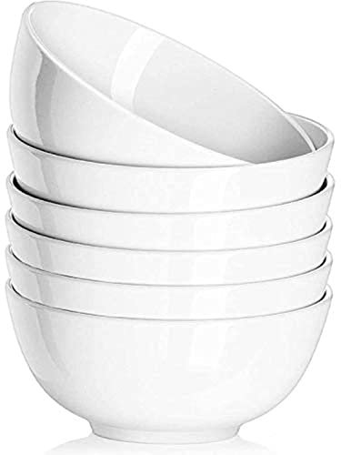 DELLING 22 Oz Ceramic Cereal Bowls Set of 6, White Porcelain Soup Bowls - Deep Bowls for Kitchen Snack Rice Pasta Salad Oatmeal, Microwave Dishwasher Safe