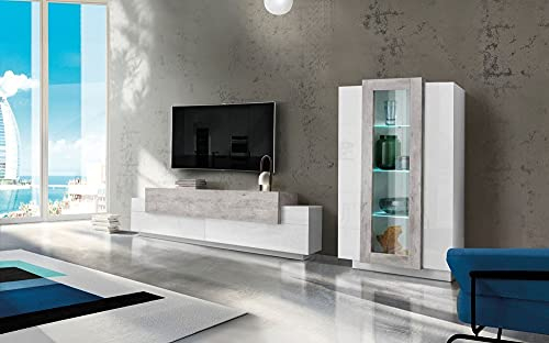 Dmora - Système mural Mirko, ensemble de salon meuble TV, meuble de salon polyvalent, 100% Made in Italy, 280x45h121 cm, blanc brillant et béton