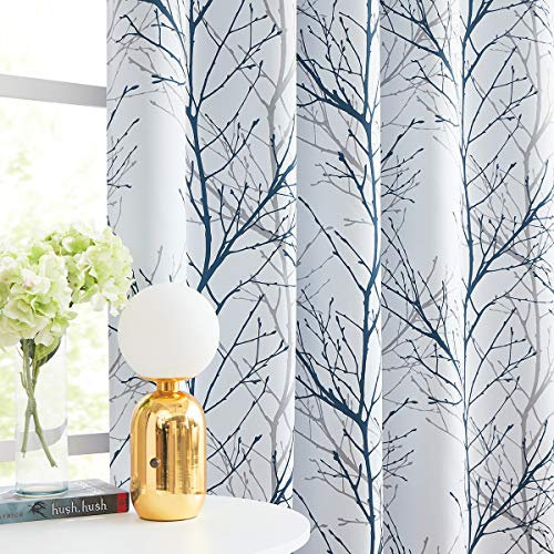 Fmfunctex Blue Blackout Curtains for Bedroom 54 Drop Tree Branch Eyelet Curtains for Living Room Thermal Insulated Window Curtain Drapes for Dining Room 2 Panels