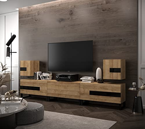 Furnitech Wohnwand Wohnzimmer | Wohnzimmer Möbel mit LED RGB - 16 Farben | Hängend Wohnwand Modern | Wohnzimmer Schrankwand mit Regale und TV Schrank (Future C97-22DZ-FB-M6-1C)