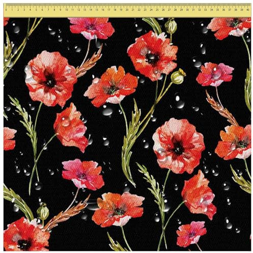 DreamRoots Segeltuch Wasserdicht - Polsterstoff Meterware 160 cm breit - Wasserabweisender Stoff 220 g/m2 600D - Markisenstoff Wasserdicht Meterware Poppies on Black Laufmeter