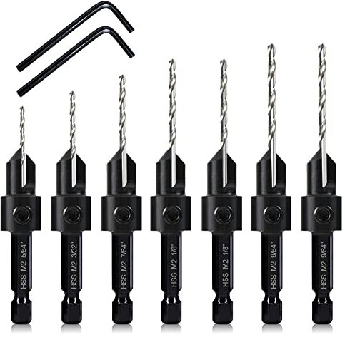 7Pcs M2 Countersink Drill Bit Set, 3in1 Wood Pilot Countersink Drill Bits Drilling #4#6#8#10#12 Screws Holes, with Adjustable Depth Stop, Quick Release Hex Shank, 2-Allen Wrench
