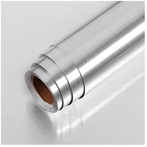 Cozylkx Self Adhesive Fridge Vinyl Wrap Brushed Metallic Vinyl Film Wallpaper Metal Look Contact Paper for Refrigerator Dishwasher Oven Kitchen Appliances,Silver,60x200cm/1.97x6.56ft