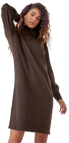Roman Originals Women Roll Neck Knitted Dress - Ladies Spring Everyday Summer Evening Vacation Work Holiday Long Sleeve Smart Casual Comfy - Chocolate - Size 20
