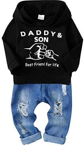SOLOYEE Baby Boys Outfits Clothes Sets Baby Boys' Clothing 1-5T Infant Letter Printed Sweatshirt Kid Fashion Boys Outfit Long Sleeve Hoodie Tops Ripped Jeans Clothes 2 Pcs