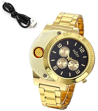 JewelryWe Herrenuhr Edelstahl Feuerzeug Uhren Herren - Schwarz Zifferblatt Analog Quarz Armbanduhr mit Zigarettenanzünder und Gold Edelstahl Armband Kreative Männer Uhr für Vatertag Geburtstag
