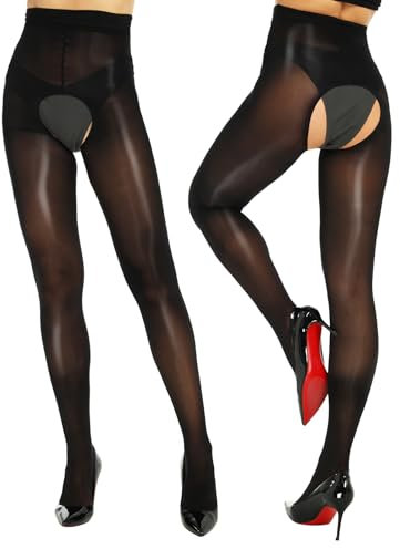 Yilanmy Glanz Strumpfhose Für Damen Glänzende Strumpfhose Offen Schritt Tanzstrumpfhose 2 Paar(Schwarz, L-XL)