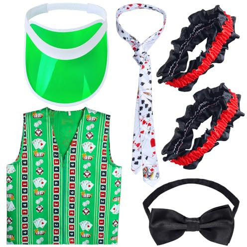 Yewong Casino-Dealer-Westen-Set, Händler-Visiere, Hut, Fliege, Spielkarte, Band, Armband für Las Vegas, Geburtstag, Spielabend, Partyzubehör
