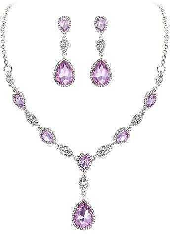 Clearine Damen Schmuck Set Hochzeit Braut Zirkonia Teardrop Y Halskette und Ohrringe Schmuckset Hell Lila Silber Ton