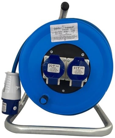 25m Cable Reel 240V Heavy Duty Extension Lead 2 Way 16 Amp Sockets and Plug 2.5mm Cable