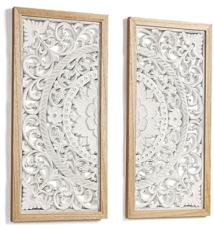 JUJOYBD Holz Ornament Wandbild 57x57cm, Shabby Weiß, Bohostyle Wanddeko für Wohnzimmer – Hängend oder Stehend