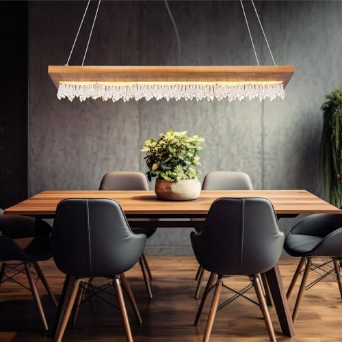 Globo Pendelleuchte Holz Landhaus LED Hängeleuchte Esstisch Holzleuchte mit Kristallbehang, Metall schwarz Kunststoff, 1x LED 25 Watt 1546 Lumen warmweiß, LxBxH 80x20x145 cm