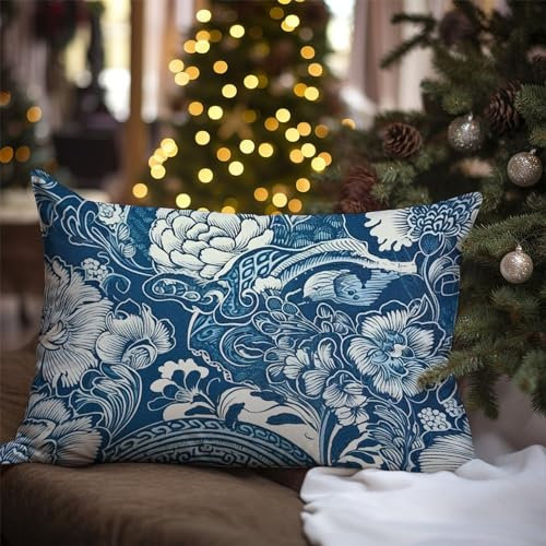 WoGuangis Aqua Teal Blue Asian Scenic Floral Cushion Cover Blue Hydrangea Hibiscus Iris Leaf Sofa Pillowcase Japanese Chinoiserie White Linen Accent Pillow for Bedroom Sofa Couch 16x24 inches