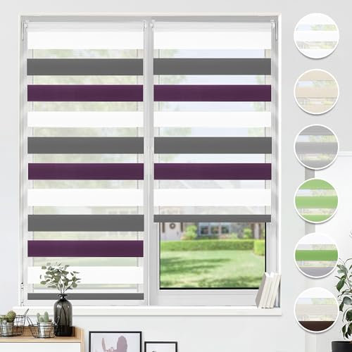 HOMEDEMO Store Enrouleur Jour Nuit sans Perçage, Double Tissu avec Clips, Rideau Occultant pour Fenêtre & Porte, 65 x 120 cm (Largeur du Tissu 61 cm), Blanc-Anthracite-Aubergine