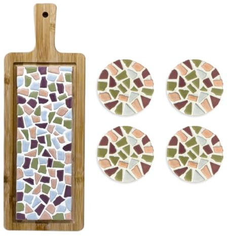 Little Creations - DIY Mosaik Bastelset Erwachsene Pastel | 1x Servierplatte & 4x Untersetzter | Komplettes Set aus Mosaiksteinen und Holz | Selbst gestalten und basteln