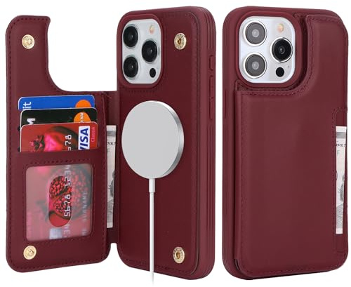 SailorTech for iPhone 15 Pro Max Case with Credit Card Holder Magsafe, iPhone 15 Pro Max Phone Leather Case for Women Compatible mag safe Card Slots Durable Shockproof Wallet Case - Burgundy