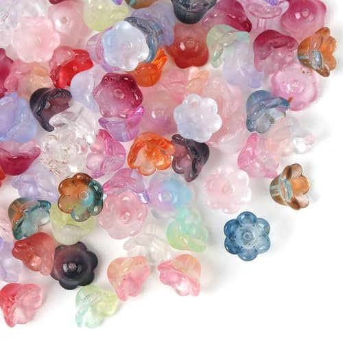 ASUNFO 100 cuentas de flores de cristal de colores mezclados, bonitos abalorios Kandi, abalorios de cristal a granel, trompeta de flores, cuentas checas para hacer joyas y pulseras