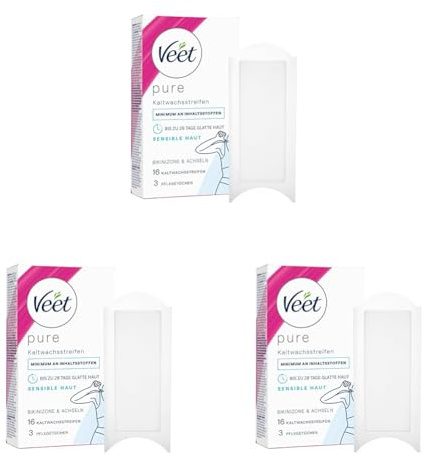 Veet Pure Kaltwachsstreifen für Bikinizone & Achseln - Haarentfernung für sensible Haut - Bis zu 28 Tage glatte Haut - 8 Doppelstreifen : 16 Einzelstreifen (Packung mit 3)