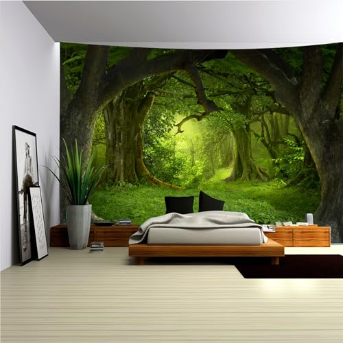 Arsey Tapisserie Murale Forêt Magique Tissu Mural Arbre Tapis Mural Brume Herbe Naturelle Paysage Tapisserie Tapisserie Décoration Bohème Chambre Vert Grand 230x180cm