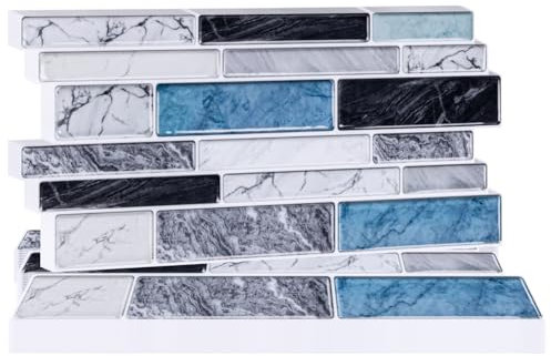 Hode Piastrelle Adesive Bagno Cucina Muro 24 Pezzi, Effetto Marmo Mattoni Stile Paraschizzi Adesive per Parete PVC Impermeabile Autoadesivo (Blu e Nero)
