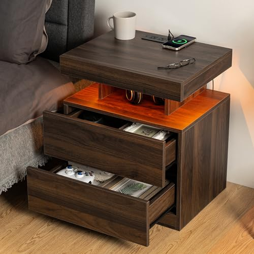 HOMMPA LED Nachttisch mit kabelloser Ladestation & USB-Anschlüssen Hochglanz Nachttisch mit LED-Licht RGB Einstellbare Helligkeit Smart Nachttisch 2 Schubladen Nachttisch für Schlafzimmer Walnuss
