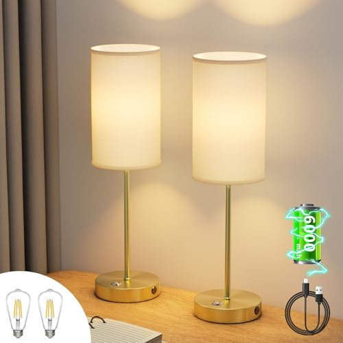 lundwa Kabellose LED Tischlampe Gold 2er Set mit 6000mAh Akku | Dimmbare Nachttischleuchte Touch + 6W E27 Glühbirnen (2700K) | Weißer Leinen-Schirm & Metallfuß für Schlafzimmer, Wohnzimmer