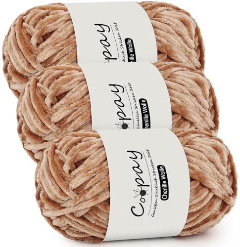 Coopay Chenille Wolle zum Häkeln, 3x100g Samtig Chenillegarn, Dicke Flauschige Weich Chenille Garn, Chenille Wolle, Weicher Plüschwolle Häkelgarn für Decken, Schals - Helles Khaki