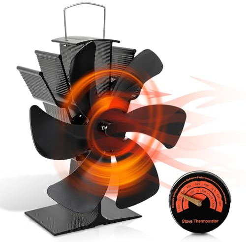 Ollewiellan Ventilatore da camino a 6 fogli con termometro, ventilatore da forno senza corrente, scarico in legno silenzioso, funzionamento termico, ventola in alluminio per Fireplace