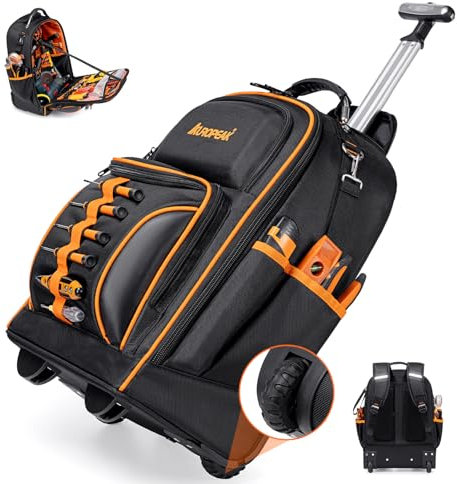 AUROPEAK 2-In-1 Rolling Tool Backpack, Heavy Duty, 63-Pocket, Wheeled, Black-orange, Water Resistant, 20 x 8.6 x 20, Electrician, Construction
