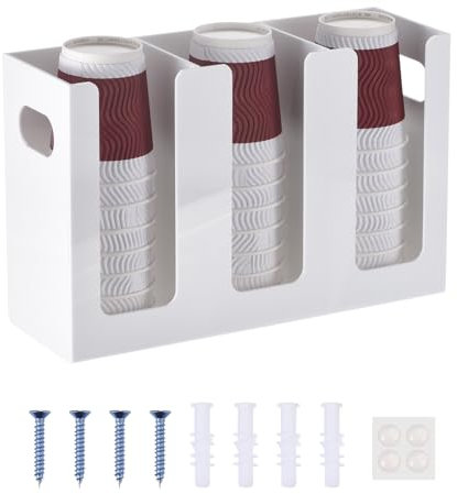 sourcing map Disposable Coffee Cup Dispenser, 3 Compartments White Acrylic Paper Cup and Lid Plastic Storage Organizer Holder with Mounting Tools for Home Kitchen Office Countertop