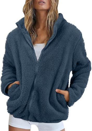 Fleecejacke Damen Stehkragen Teddyjacke Reißverschluss Plüschjacke Frauen Freizeit Kuscheljacke Flauschig Jacke Winter Einfarbig Winterjacke Damen Warm Dicke Elegant Mantel Weich Bequem