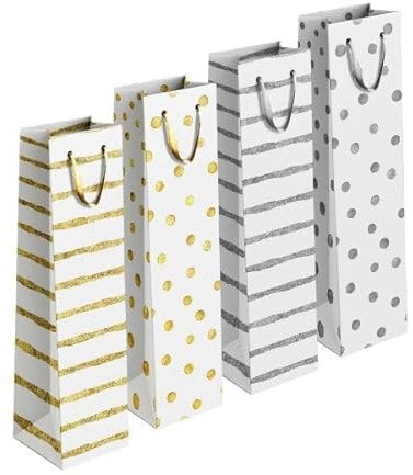 KAV Gold/Silver Patterned Paper Wine Bottle Gift Bag with Rope Holder | Xmas Wrap, Wedding, Anniversary and Birthday Presents | Assorted Designs - 12x36x10 cm (12 Pcs)