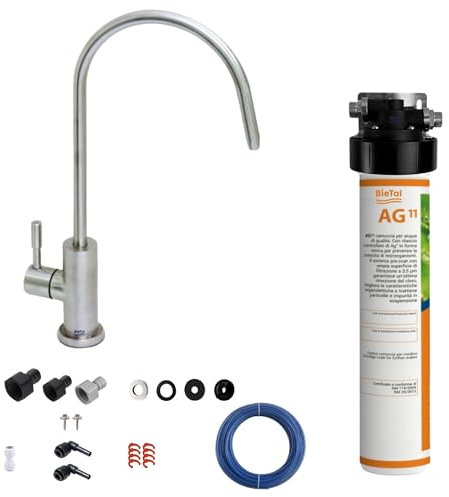 BieTal® Trinkwasserfilter mit Aktivkohle sauberes & frisches Wasser mit 1-Wege Wasserhahn Edelstahl satiniert matt für dein Zuhause Praxis Büro Wohnmobil Aktivkohlefilter Wasserfiltersystem