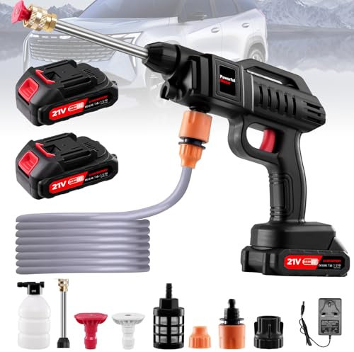 Limpiador de alta presión con batería, 21 V, 60 bar, con 2 baterías, boquilla 3 en 1, manguera de 5 m, limpiador de alta presión portátil para coche, terraza, ventana, césped