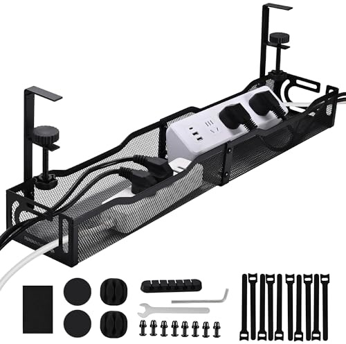 Under Desk Cable Tray, Clamp-On Metal Power Cord Holder, No-Drill Easy Install for Home Office (Black)