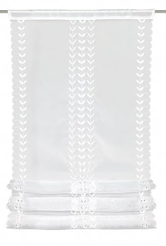 Sehlbach Raffrollo Voile mit Sickerei, weißm 60 x 120 cm Bistrogardine, Höhenverstellbar, Zeitlos, Romantisch, Lichtdurchlässig, Öko-Tex Zertifiziert, Einfache Befestigung