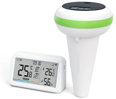 YVAAASIYC Solar-Funk-Poolthermometer, 300 m ultralange Übertragungsdistanz, Poolthermometer mit Innentemperatur-Feuchtigkeitsmonitor