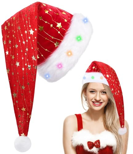 Lang Weihnachtsmützen Erwachsene, Nikolausmütze Erwachsene mit Licht, Rote Weihnachtsmann Mütze mit Dicker Fellrand, Bunte LED, Unisex, 70 Cm, Geeignet als Geschenk für Weihnachtsfeiern und Neujahr