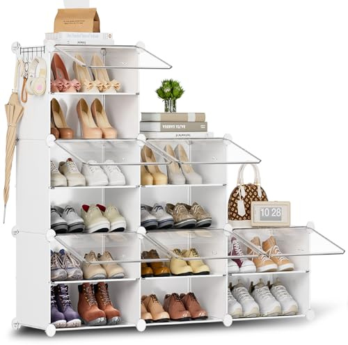 Schuhregal, Schuhschrank mit 12 Fächern, schuhregal hoch und schmal, schuhregal weiß, schuhschrank hoch geschlossen für Garderobe Flur Schlafzimmer Eingang, DIY anpassbar