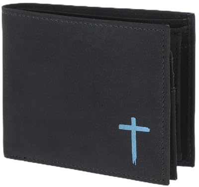 Oxmox Geldbörse Herren/Portemonnaie Damen | Wallet mit RFID Schutz | New Cryptan (Vegan) | 5 Kreditkartenfächer | Querscheinbörse Querformat | schwarz | Freedom Cross Print Cyan